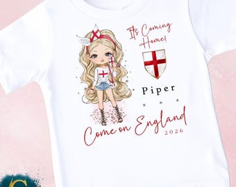 Personalised Football Cup Character Tshirt, Come on England World Football T Shirt, Girls Tee for Football Cup 2026, Girls Custom Character
