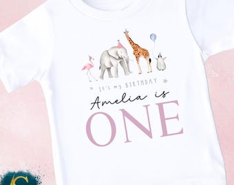 Personalised Birthday T-shirt, Safari Animals Tee, Name Birthday Top, One Two Three Four Five, Girls Boys First Second Birthday Top