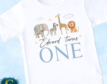 Personalised Birthday T-shirt, Safari Animals Tee, Name Birthday Top, One Two Three Four Five, Girls Boys First Second Birthday Top