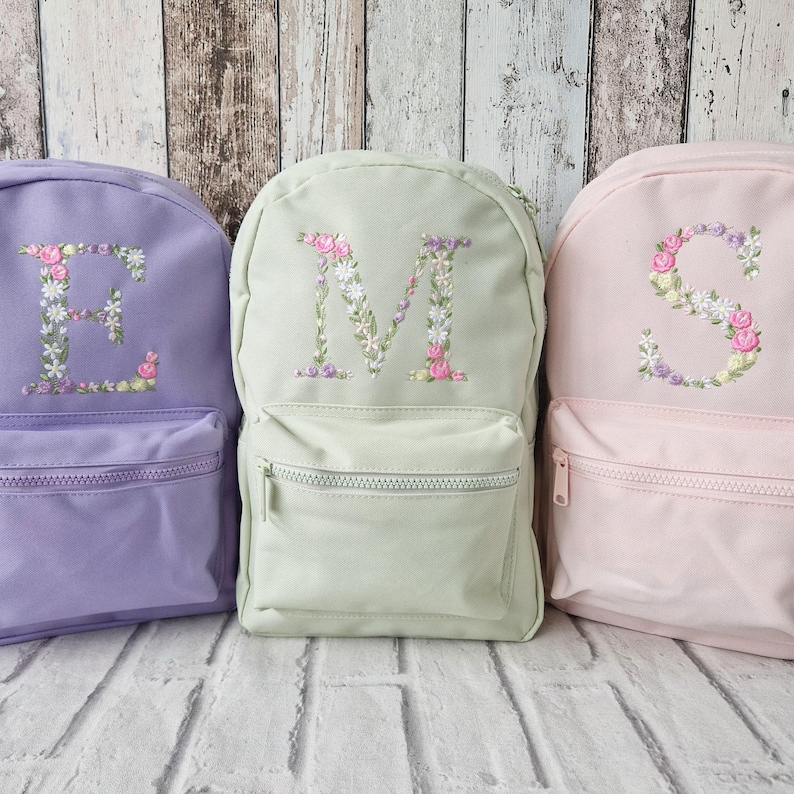 Flower Initial Girls Backpack, Personalised Embroidered Kids Bag, Back to School, Nursery Bag zdjęcie 2