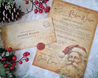May include: Vintage-style Christmas invitation and letter from Santa Claus, addressed to Reuben Wilson. The letter features a Santa Claus illustration, a wax seal, and festive holiday decorations.