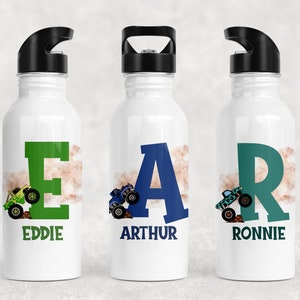 Personalised Monster Truck Straw Bottle, Steel Water Bottle, Construction Gift for Kids, Personalised with Name, Monster Jam Dirt Car