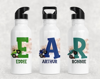 Personalised Monster Truck Straw Bottle, Steel Water Bottle, Construction Gift for Kids, Personalised with Name, Monster Jam Dirt Car