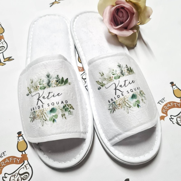 Bridal Slippers Spa Floral Botanical Bridesmaid Gift Robes PJs Matching Design Wedding Hen Bride Squad Personalised Party Open Printed