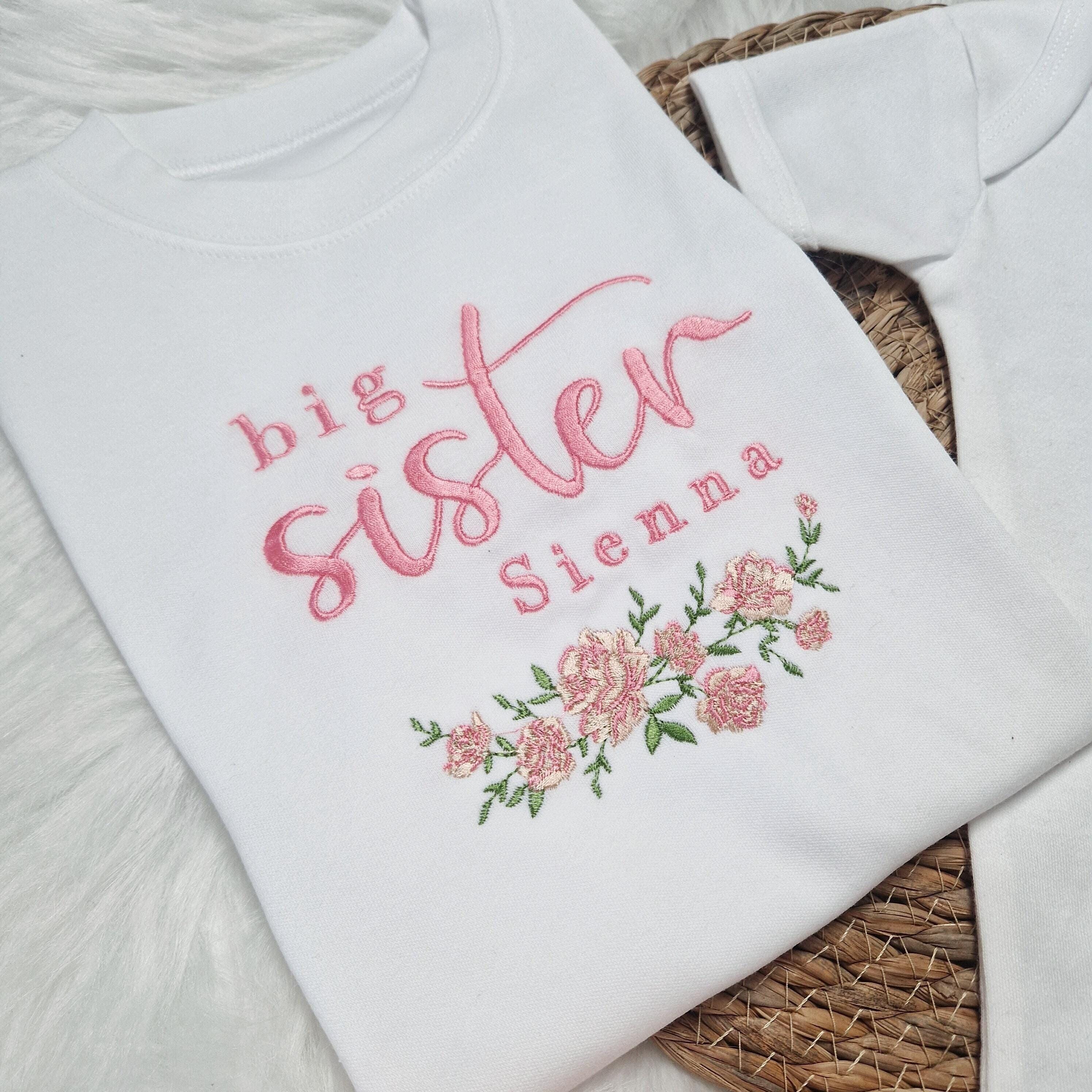 Big Sister Sweatshirt, Personalised Sister Gift, Embroidered New Sister, Floral Sweater, Frilled Shoulder, Little Sister, Matching Sister