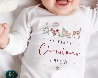Christmas Babygrow, First 1st Christmas Baby Romper, Santa Sleigh Christmas Sleepsuit, Christmas Baby Outfit, Xmas Christmas Keepsake