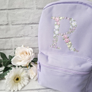 Sac à dos fleuri avec initiales pour filles, sac brodé personnalisé pour enfants, retour à l'école, sac pour chambre d'enfant