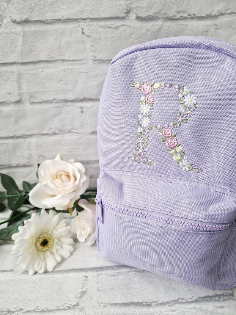 Flower Initial Girls Backpack, Personalised Embroidered Kids Bag, Back to School, Nursery Bag zdjęcie 9