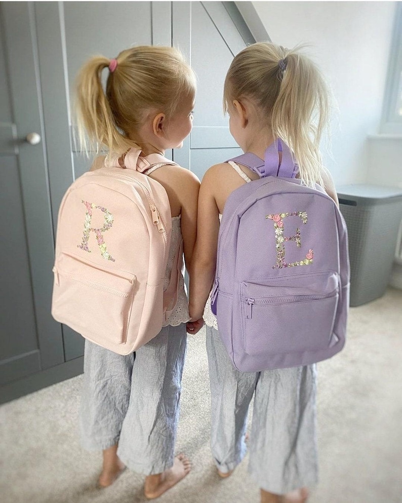 Flower Initial Girls Backpack, Personalised Embroidered Kids Bag, Back to School, Nursery Bag zdjęcie 3