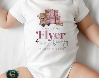 First Time Flyer Baby Vest, Blue Pink, Personalised Holiday Babygrow Romper, Summer Vacation, My First Holiday, Plane, Add Your Destination