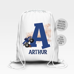 Sac de gym scolaire personnalisé, sac PE pour enfants, thème Monster Truck de la rentrée scolaire, véhicule de construction, Dirt Monster Jam avec nom