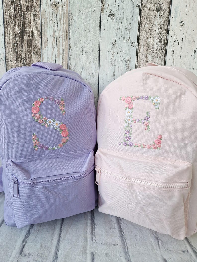 Flower Initial Girls Backpack, Personalised Embroidered Kids Bag, Back to School, Nursery Bag zdjęcie 6