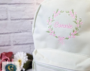 Floral Wreath Frame Backpack, Personalised Embroidered Girls Bag, Back to School, Nursery Bag