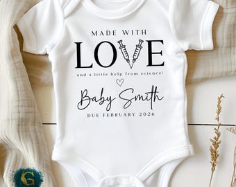 IVF Baby Announcement, Personalised Made with Love Help from Science, Miracle Rainbow Baby Vest Sleepsuit Romper Bib, Pregnancy Announcement