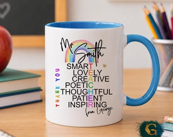 Personalised Teacher Mug, Rainbow Thank You Gift, Teacher Mug with Name, End of Term Gift, Class Gift Idea, Teacher Appreciation