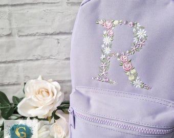 Flower Initial Girls Backpack, Personalised Embroidered Kids Bag, Back to School, Nursery Bag