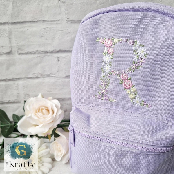 Flower Initial Girls Backpack, Personalised Embroidered Kids Bag, Back to School, Nursery Bag
