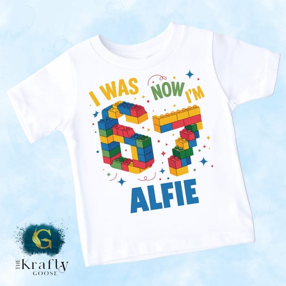 I Was 6 Now I’m 7 Boys Birthday T-Shirt, Building Block Colourful Style, Cotton Personalised Tee – 6 7 Trend T-shirt