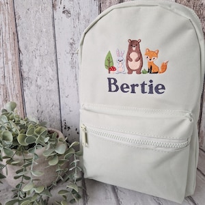 Sac à dos animaux de la forêt, sac brodé personnalisé, lapin ours renard, rentrée des classes, sac en bois pour chambre d'enfant