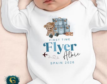 First Time Flyer Baby Vest, Blue Pink, Personalised Holiday Babygrow Romper, Summer Vacation, My First Holiday, Plane, Add Your Destination