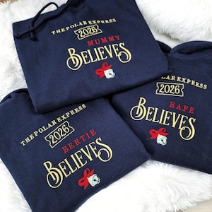 Personalised Christmas Train Hoodie 2026, Matching Family Believes, Embroidered Polar Train  Express, Children Adult Hoodies, Believe Bell