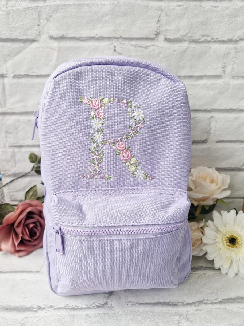 Flower Initial Girls Backpack, Personalised Embroidered Kids Bag, Back to School, Nursery Bag zdjęcie 7