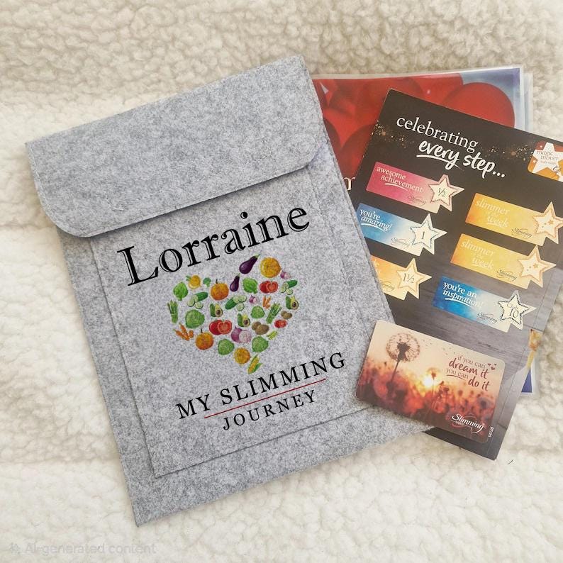 Op de afbeelding: Een grijze vilten etui met de naam "Lorraine" en de tekst "MY SLIMMING JOURNEY". Een hartvormig ontwerp gemaakt van groenten staat in het midden. Er zijn verschillende kaarten zichtbaar, waaronder een met de tekst "celebrating every step..."