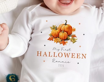 First Halloween Outfit, Baby 1st Halloween Vest Sleepsuit, New Baby Gift Idea, Pumpkin Patch, Personalised Cute Halloween