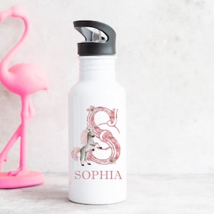 Personalised Unicorn Straw Bottle, Steel Metal Water Bottle, Unicorn Gift for Girls, Personalised with Name, Pink Rainbow Glit