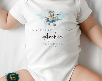 My First Holiday Baby Vest, Personalised 1st Holiday Babygrow Romper, Summer Vacation, First Time Flyer, Plane, Add Your Destination