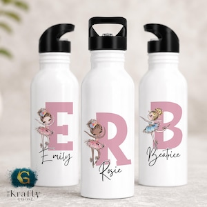May include: Three white water bottles with black lids. Each bottle features a pink letter and a ballerina illustration. The names "Emily", "Rosie", and "Beatrice" are written below the letters. The bottles have a silver base and a black handle.