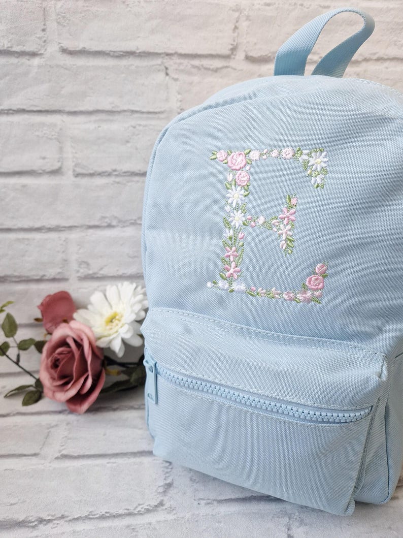Flower Initial Girls Backpack, Personalised Embroidered Kids Bag, Back to School, Nursery Bag zdjęcie 4