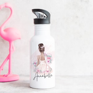 May include: White stainless steel water bottle with a black lid and a pink floral design featuring a ballerina with the name Annabelle printed on the bottle.
