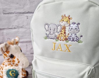 Safari Animals Backpack, Personalised Embroidered Bag, Back to School, Nursery Safari Bag