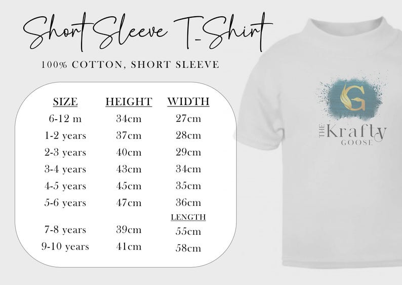 May include: White short sleeve t-shirt with a logo and size chart. The chart lists sizes for children aged 6-12 months to 9-10 years, with height and width measurements in centimeters. The shirt is 100% cotton.