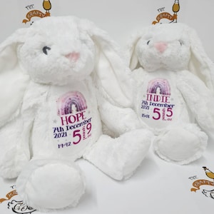 May include: Two white plush bunny rabbits with rainbow and star designs. The bunnies are personalised with the names "Hope" and "Indie" along with their birth dates, weights, and times of birth.