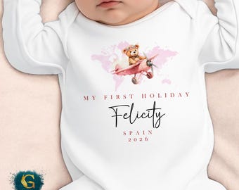 My First Holiday Baby Vest, Personalised 1st Holiday Babygrow Romper, Summer Vacation, First Time Flyer, Plane, Add Your Destination