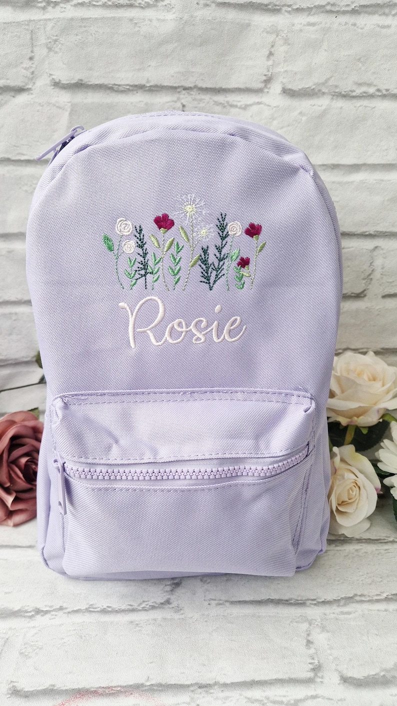 Wild Flowers Personalised Girls Backpack, Embroidered Kids Bag, Back to School, Nursery Bag image 2