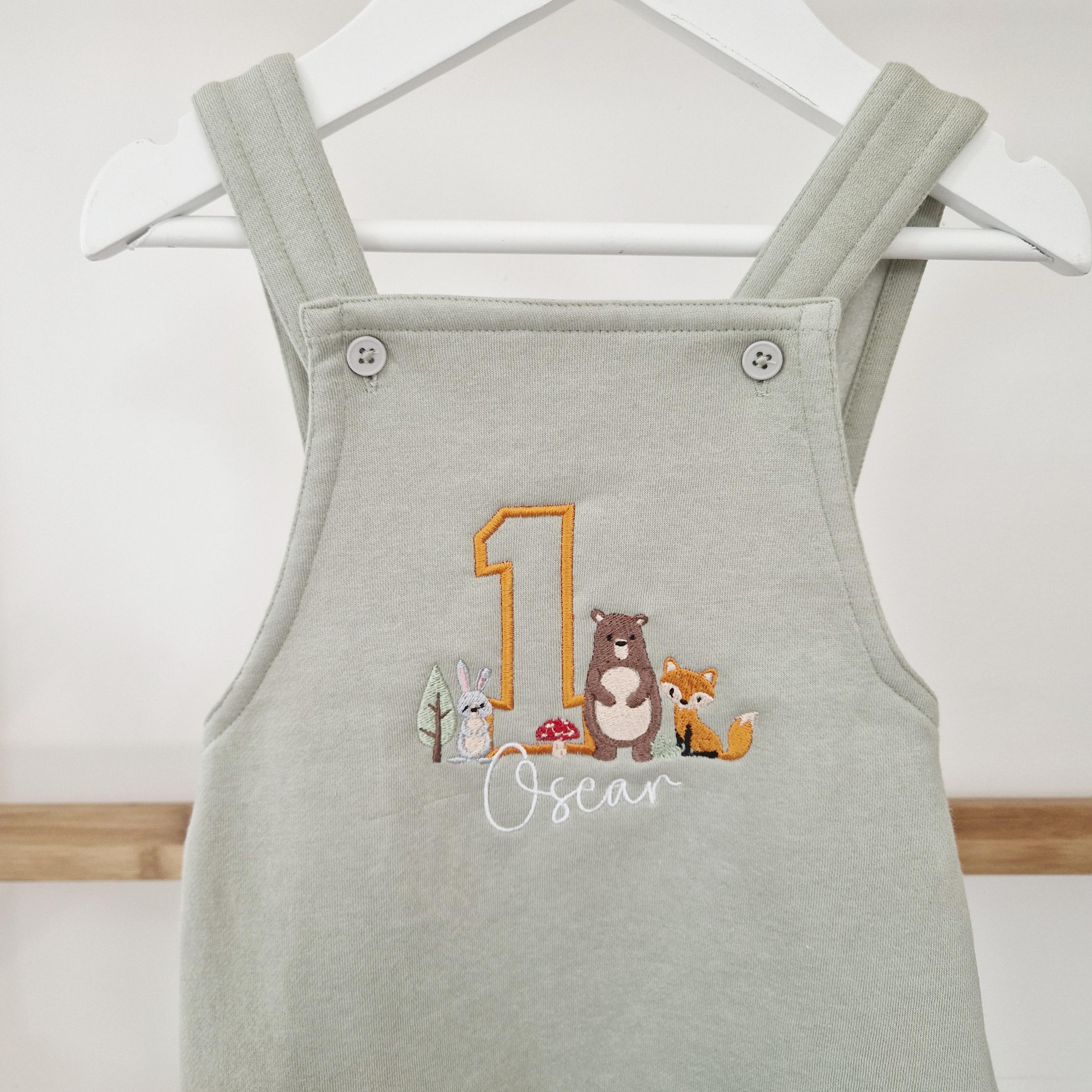 Personalised Woodland Dungaree, Embroidered Any Name and Age, Woodland Overalls, Birthday Sweater Gift Bear Fox Theme 1st 2nd 3rd Birthday