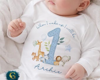 Personalised Safari First Birthday Outfit: "When I Wake Up I'll Be One" Cotton Sleepsuit - Blue Design
