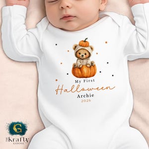 Personalised First Halloween Outfit, Baby 1st Halloween Vest Sleepsuit, New Baby Gift Idea, Teddy Pumpkin Patch, Cute Halloween Bear