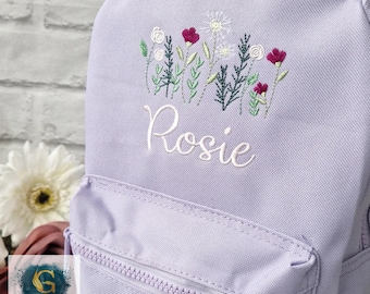 Wild Flowers Personalised Girls Backpack, Embroidered Kids Bag, Back to School, Nursery Bag
