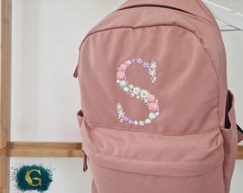 Flower Initial Girls Backpack, Personalised with Side Pockets, Embroidered Kids Bag, Back to School, Nursery Bag