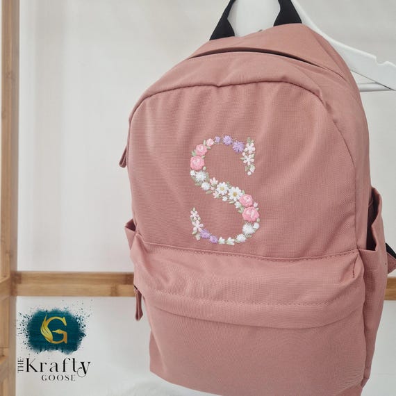 Flower Initial Girls Backpack, Personalised with Side Pockets, Embroidered Kids Bag, Back to School, Nursery Bag