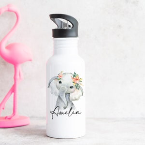 Personalised Floral Elephant Straw Bottle, Steel Metal Water Bottle, Pink Flowers, Personalised with Name, Gift for Her, Adult Kid