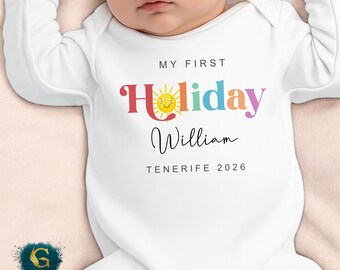 My First Holiday Baby Vest, Personalised 1st Holiday Babygrow Romper, Summer Vacation, First Time Flyer, Plane, Add Your Destination