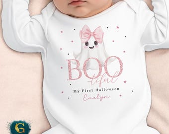 Personalised First Halloween Outfit, Boo-tiful Baby 1st Halloween Vest Sleepsuit, New Baby Gift Idea, Ghost Boo, Cute Ghost