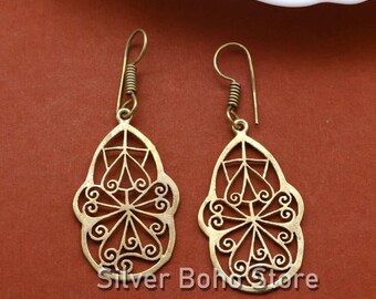 Handmade Brass Filigree Dangle Earrings: Boho Ethnic Jewelry