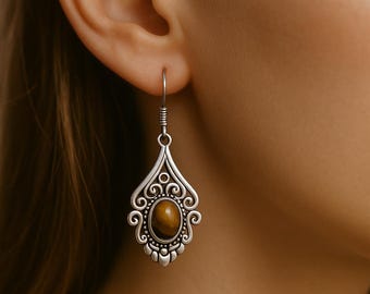 Tiger's Eye Sterling Silver Dangle Earrings, Vintage Boho Jewelry