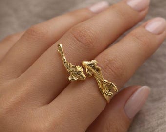 Gold Koi Fish Adjustable Ring, Feng Shui Lucky Fish Jewelry, Yin Yang Couple Fish Ring, Japanese Inspired Statement Ring, Gift for Her